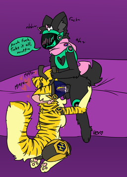 animal_genitalia animal_penis antennae_(anatomy) antennae_grab anthro ball_tuft balls bed big_breasts bisexual_pride_colors blush blush_lines blushing_profusely bodily_fluids bow_ribbon breasts clothed clothing cum cum_in_mouth cum_inside dirty_talk duo ear_markings ejaculation fellatio female fluffy fluffy_balls fluffy_tail food fur furniture genital_fluids genitals head_tuft heart_reaction heart_symbol holding_breast honey_(food) horn inner_ear_fluff knot knotted_penis knotting lactating leg_grab lgbt_pride looking_at_another looking_pleasured machine male male/female markings neck_tuft on_bed oral oral_knotting oral_penetration partially_clothed patch_(fabric) pawpads paws penetration penile penis pride_colors profanity raised_tail scarf sex sheath sitting sitting_on_bed speech_bubble striped_body striped_fur striped_markings stripes tail text thigh_grab tuft unusual_bodily_fluids unusual_cum unusual_genital_fluids hexemerald h0p3 hex_emerald arthropod bee bovid caprine goat hybrid hymenopteran insect mammal protogen english_text hi_res