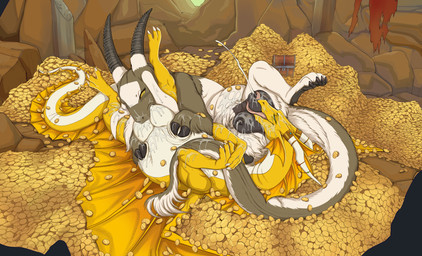 69_position black_soles black_teats breast_play breast_suck breasts claws cloven_hooves coin countershade_torso countershading duo female female/female female_feral feral feral_on_feral foot_on_belly fur gold_(metal) gold_coin green_eyes grey_body grey_fur hoard hooves horizontal_pupils horn horn_jewelry jewelry lactating_during_sex membrane_(anatomy) membranous_wings milk multicolored_body multicolored_fur oral pupils quadruped sex sucking teat_suck teats toe_claws tongue tongue_out treasure_chest treasure_hoard two_tone_body two_tone_fur white_body white_fur wings yellow_eyes shebeast european_mythology mythology thyme_(mustard) bovid caprine dragon felkin goat hybrid mammal mythological_creature mythological_scalie scalie western_dragon 2026 digital_media_(artwork) hi_res