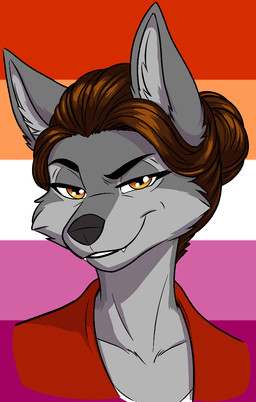 anthro black_eyebrows black_nose brown_hair countershade_face countershade_fur countershading cute_fangs eyebrows fangs female fur hair inner_ear_fluff lesbian_pride_colors lgbt_pride looking_at_viewer pride_color_background pride_colors raised_eyebrow shadow simple_background solo teeth thick_eyebrows tuft updo yellow_eyes f4ephantomii medwyn_belcher_gwynne canid canine canis mammal wolf headshot_portrait hi_res portrait