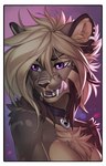 anthro blonde_hair border brown_body brown_fur collar collar_only ear_piercing female fluffy fur hair inner_ear_fluff neck_tuft nude piercing purple_eyes solo tuft white_border orphen-sirius falla_(f-r95) felid mammal prehistoric_species saber-toothed_tiger digital_media_(artwork) shaded