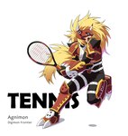 agunimon armor bandai_namco blonde_hair blue_eyes digimon digimon_(species) english_text hair headgear helmet horn horned_humanoid humanoid male op7804620 solo sport tennis_racket text