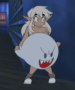 ambiguous_gender breasts cleavage clothed clothing convenient_censorship duo fangs female footwear freckles hair implied_nudity library long_ears long_hair open_mouth sharp_teeth shoes teeth blueregardtwo mario_bros nintendo autum_(genocityzone) boo_(mario) elf ghost humanoid spirit hi_res