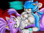 amber_eyes anthro blue_body blue_fur bodily_fluids breast_squish breasts breasts_frottage dialogue duo female female/female fur hair lactating nipples nipples_touching ponytail purple_body purple_fur romantic romantic_couple squish tail text ionic44 sega sonic_the_hedgehog_(series) blaze_the_cat rosie_(ionic44) domestic_cat felid feline felis mammal english_text