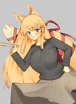 accessory big_breasts blonde_hair blue_eyes blush blush_lines breasts chopsticks clothing cute_fangs dress fangs female food hair hair_accessory huge_breasts long_hair looking_at_viewer open_mouth open_smile simple_background smile smiling_at_viewer solo sweater teeth topwear pincerpencil animal_humanoid canid canid_humanoid canine canine_humanoid fox_humanoid humanoid mammal mammal_humanoid character_request hi_res