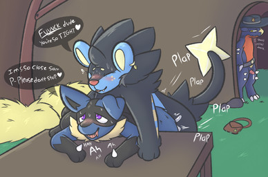 against_furniture against_surface against_table ahegao anal anal_penetration animal_genitalia anthro anthro_on_feral anthro_penetrated badge bag becoming_erect being_watched belt bestiality blush bodily_fluids clothing cowboy_hat cum don't_stop dripping duo ear_piercing feral feral_penetrating feral_penetrating_anthro from_behind_position furniture genital_fluids genitals hand_spike hat headgear headwear heart_after_text heart_symbol looking_at_another looking_pleasured male male/male motion_lines penetration penis piercing precum precum_drip profanity raised_tail sex sound_effects speech_bubble spikes spikes_(anatomy) sweat table tail text z-crystal drowzycroaks nintendo pokemon pokemon_mystery_dungeon spike_chunsoft benji_(sleepylux) fan_character samson_(sleepylux) garchomp generation_4_pokemon lucario luxray pokemon_(species) absurd_res english_text hi_res