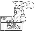 big_nose boxing_gloves clothing featureless_crotch front_view handwear male narrowed_eyes nude simple_background solo speech_bubble standing text text_box bucklebunny nintendo pokemon generation_1_pokemon humanoid hypno_(pokemon) pokemon_(species) english_text monochrome