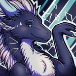 abstract_background blue_eyes claws dragon feral fur furred_dragon furred_scalie hi_res horn inner_ear_fluff looking_at_viewer moliin mythological_creature mythological_scalie mythology scalie smile solo tuft