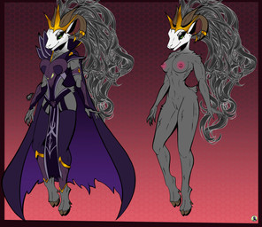 4_horns anthro areola arm_tuft armband armor black_hair black_lipstick bone bottomwear breastplate breasts cape claws cloak clothed clothing crown ear_piercing ear_ring eyelashes eyeshadow female finger_claws fur genitals gold_(metal) gradient_fur green_eyes grey_body grey_fur hair headdress headgear hooves horn horn_jewelry horn_ring jewelry leg_tuft lipstick loincloth long_hair long_horn makeup markings mole_(marking) multi_horn nipples nude pattern_background piercing pink_areola pink_nipples purple_clothing ring_(jewelry) ring_piercing shoulder_pads shoulder_tuft simple_background skull skull_symbol slim small_breasts solo tail thigh_tuft tuft unconvincing_armor vulva white_body white_fur rhunter13 delilah_(therealnarrowjungle) bovid caprine goat mammal absurd_res hi_res model_sheet