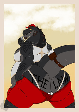 accessory anthro bag belly bodily_fluids border bottomwear bulge butt butt_cleavage butt_tattoo clothed clothed_male clothing cloud coach extreme_size_difference face_in_ass fur furgonomics genitals grey_body grey_border grey_scales hat headgear headwear inside_clothing jockstrap larger_male male male/male musclegut muscular outside overweight overweight_anthro overweight_male pecs penis penis_poking_out scales shirt shorts size_difference sky smaller_male smile spikes spikes_(anatomy) sweat sweat_stain sweaty_body sweaty_butt tail tail_accessory tail_bag tank_top tattoo teeth text topwear trapped_in_clothing underwear whistle_(object) whistle_around_neck white_body white_fur yellow_sclera visen_(artist) fextros_everwell flint_saurstone visen american_black_bear bear black_bear dinosaur kangaroo kermode_bear macropod mammal marsupial prehistoric_species reptile saurischian scalie theropod tyrannosaurid tyrannosauroid tyrannosaurus tyrannosaurus_rex ursine absurd_res digital_drawing_(artwork) digital_media_(artwork) english_text hi_res story story_in_description