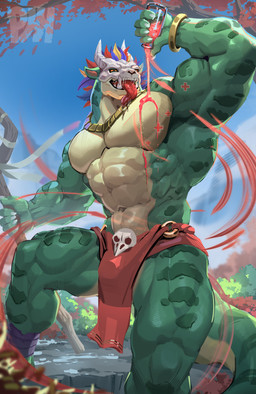 abs anthro biceps bone bone_mask bottomwear clothing loincloth male mask muscular muscular_anthro muscular_male pecs potion scales skull skull_mask solo tail tongue tongue_out physen terraria witch_doctor_(terraria) lihzahrd lizardman reptile scalie absurd_res hi_res