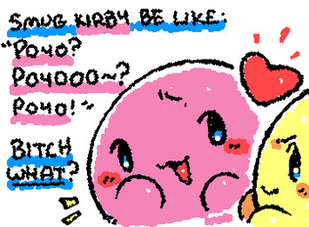 ambiguous_gender bald black_eyes black_text blue_pupils blush blush_lines dialogue duo emanata exclamation_point eyebrows featureless_hands heart_symbol looking_at_another mouth_closed noseless not_furry open_mouth orange_blush pink_body pupils question_mark red_blush simple_eyes squigglevision text yellow_body ligma_(artist) kirby_(series) nintendo kirby waddling_head 2025 animated digital_media_(artwork) english_text flat_colors handwritten_text low_res wigglypaint_(artwork)