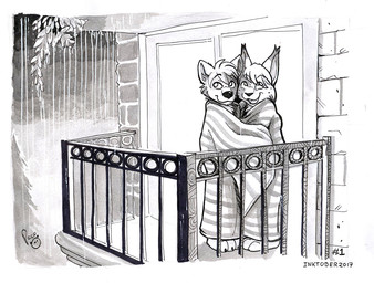 ambiguous_anthro ambiguous_gender anthro balcony bedding blanket closed_smile duo hair logo mouth_closed open_mouth open_smile outside raining short_hair smile standing pandapaco canid canine felid feline lynx mammal 2017 artist_logo dated monochrome signature