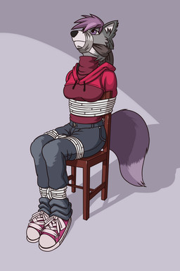 anthro bdsm bondage bound cloth_gag clothed clothing female fully_clothed fur gag gagged grey_body grey_fur hair muzzle_(object) muzzled purple_eyes purple_hair restraints rope rope_bondage simple_background solo tape tape_gag whistleristler canid canine canis domestic_dog mammal hi_res