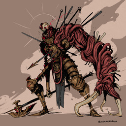 armor arrow_(weapon) axe body_horror bone knight male ranged_weapon skull skull_head solo warrior weapon lehmannthiago humanoid monster 1:1 2024 absurd_res hi_res