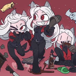 >_o blush book bottomwear candy chocolate clothing collared_shirt crouching dessert dirty dress_shirt fangs female food footwear gloves group hair handwear knife long_hair looking_at_another necktie object_in_mouth open_mouth pancake pants red_eyes running shirt shoes simple_background slippers spade_tail standing tail teeth text toilet_paper topwear trash vest white_body white_hair white_skin tkddud632 helltaker cerberus_(helltaker) animal_humanoid canid canid_humanoid canine canine_humanoid demon demon_humanoid dog_humanoid humanoid mammal mammal_humanoid 1:1 hi_res