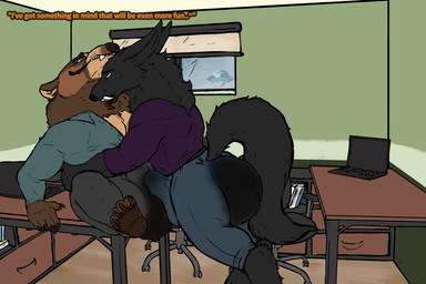 4_toes 5_fingers 5_toes anthro anthro_on_anthro aroused belly biped black_body black_claws black_ears black_feet black_fur black_hands black_pawpads black_paws black_tail bodily_fluids bottomwear brown_arms brown_body brown_claws brown_ears brown_feet brown_fur brown_hands brown_legs brown_mane brown_nose brown_pawpads brown_paws bulge_grinding chair cheek_markings claws clothed clothed_anthro clothed_male clothing computer day desk detailed_background dialogue digitigrade dominant dominant_male dry_humping duo electronics erection erection_under_bottomwear erection_under_clothing erection_under_pants excessive_feces eyebrows facial_markings feces feces_stain feet finger_claws fingers fluffy fluffy_tail fully_clothed fur fur_markings furniture genital_fluids grinding hair handpaw head_markings humping inside laptop looking_at_another looking_pleasured lying male male/male male_anthro male_pooping mane mane_hair markings monotone_body monotone_feet monotone_fur monotone_hands monotone_inner_ear monotone_markings monotone_tail multicolored_body multicolored_fur muzzle_(marking) office office_background office_chair office_clothing office_desk office_window office_worker on_back on_chair on_furniture on_table orange_eyes pants pawpads paws plantigrade pooping pooping_pants pooping_pants_together red_tongue scatplay sex sharp_teeth shirt shit_stains short_ears short_fur sitting sitting_on_chair slightly_chubby slightly_chubby_anthro slightly_chubby_male small_ears snout snout_markings soiling soiling_bottomwear soiling_clothing soiling_pants soiling_together stain stained_bottomwear stained_clothing standing table tail talking_to_another tall tan_belly tan_body tan_fur tan_inner_ear tan_markings teeth text three-quarter_view tight_clothing toe_claws toes tongue tongue_out topwear two_tone_body two_tone_fur ursine_ears third-party_edit yonnixart mythology king_(the_werewolf_king) kuruk_(character) bear brown_bear canid canine canis grizzly_bear mammal mythological_canine mythological_creature ursidae ursine werecanid werecanine werecreature werewolf wolf 2026 3:2 absurd_res colored_sketch digital_drawing_(artwork) digital_media_(artwork) english_text hi_res sketch