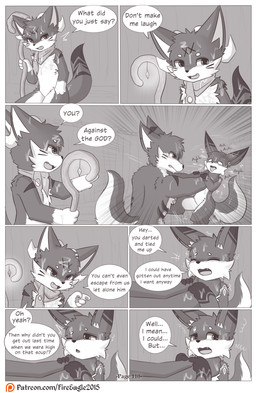 anthro asphyxiation blush bodily_fluids choking collar cum cum_on_body cum_on_face dialogue genital_fluids group male scarf staff text senz nia_(senz) sean_(senz) canid canine canis fox iradeon mammal wolf comic english_text hi_res url