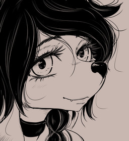 anthro black_hair black_nose cute_fangs eyebrows eyelashes fangs female hair pupils simple_background solo teeth alcorart conditional_dnp phoebe_(alcorart) canid canine canis domestic_dog mammal 2026 digital_media_(artwork) hi_res