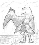 4_fingers anthro bottomwear clothing digitigrade fingers furgonomics grass male pants plant raised_arms rear_view solo standing water_body winged_arms wings snarkysardine albatross avian bird procellariiform wandering_albatross 2024 full-length_portrait hi_res monochrome portrait sketch