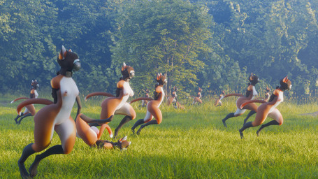 anthro ball_gag bdsm black_body black_fur blindfold bondage bondage_gear bondage_gloves bound breasts clothing collar crowd digitigrade escaping falling_down female forest fur gag gagged group hands_behind_back handwear large_ball_gag meadow multicolored_body multicolored_fur nipples nude nude_anthro nude_female plant red_body red_fur running sensory_deprivation sensory_deprivation_hood slave small_breasts tree white_body white_fur wide_hips ghostoast canid canine fox mammal 16:9 2025 3d_(artwork) digital_media_(artwork) hi_res widescreen