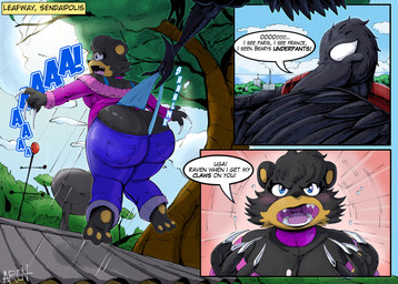 3_panel_comic angry annoyed anthro big_butt bikini blue_bikini blue_bikini_bottom blue_bikini_top blue_clothing blue_swimwear blush butt choker claws clothing duo female jewelry male male/female necklace screaming speech_bubble sunny swimwear teasing text two-piece_swimsuit wedgie white_eyes babyaren beary_black raven_(babyaren) avian bear bird black_bear corvid corvus_(genus) mammal oscine passerine raven ursine absurd_res comic english_text full-length_portrait hi_res portrait