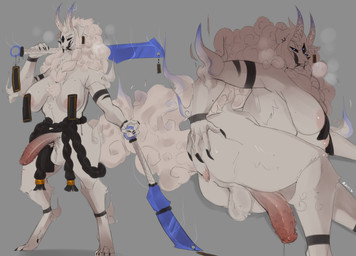 anthro anus areola balls big_breasts big_butt big_penis biped black_sclera blue_eyes braided_hair breasts butt claws digitigrade fangs finger_claws fur genitals grey_background gynomorph hair hand_on_butt holding_melee_weapon holding_object holding_sword holding_weapon horn intersex lying melee_weapon on_side paws penile_spines penis simple_background solo spiked_penis spikes spikes_(anatomy) spread_butt spreading sword teeth toe_claws weapon white_body white_fur white_hair wide_hips lvlirror asian_mythology east_asian_mythology japanese_mythology mythology canid canid_demon canine demon mammal oni yokai 2022 absurd_res digital_media_(artwork) hi_res
