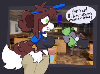 anthro big_breasts black_clothing black_nose black_topwear bottomwear breasts brown_body brown_fur brown_hair choker clothed clothing dialogue disembodied_hand eyelashes female floppy_ears fur gloves_(marking) green_eyes hair hat headgear headwear holding_money holding_object jewelry lop_ears markings money necklace pants ponytail side_view snaggle_tooth solo speech_bubble tan_bottomwear tan_clothing tan_pants text thick_thighs thong_straps topwear visor_cap white_body white_fur wide_eyed wide_hips mschaox6 canid canine canis domestic_dog mammal hi_res