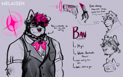 accessory anthro black_hair bodily_fluids clothed clothed_anthro clothed_male clothing collar facial_hair facial_piercing goatee grey_background hair headband male multicolored_hair nose_piercing nose_ring piercing pink_eyes pink_hair ring_piercing shirt simple_background solo spiked_collar spikes sweat text topwear two_tone_hair vest melaisen bau_(melaisen) akita canid canine canis domestic_dog mammal spitz 2023 absurd_res artist_name english_description english_text half-length_portrait hi_res model_sheet monochrome portrait