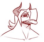 anthro clothed clothing hair horn male red_line_art sharp_teeth simple_background solo teeth tongue tongue_out topless gooseworx sigrik demon demon_humanoid humanoid bust_portrait colored_line_art digital_media_(artwork) monochrome portrait red_and_white sketch