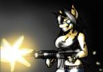 anthro ar-15 assault_rifle big_breasts black_hair breasts cleavage clothed clothing eyewear female grin gun hair holding_gun holding_object holding_ranged_weapon holding_weapon horn m4 midriff muzzle_flash ranged_weapon rifle shirt shooting shooting_gun simple_background sleeveless smile solo spent_casing sunglasses tank_top topwear weapon epilepsy_warning tacticalfur hasbro my_little_pony mythology amber_steel equid equine mammal mythological_creature mythological_equine unicorn 2017 animated half-length_portrait portrait short_playtime