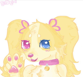 accessory anthro blue_eyes blush bow_ribbon collar female fur hair_accessory hair_bow hair_ribbon heterochromia open_mouth pawpads paws pigtails pink_collar pink_eyes pink_nose ribbons solo yellow_body yellow_fur young anonymous_artist dollie_(triixs) bird_dog canid canine canis cocker_spaniel domestic_dog hunting_dog mammal spaniel