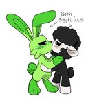 black_body duo floppy_ears green_body kissing suspicious pachi_rizuu mob_entertainment nightmare_critters poppy_playtime smiling_critters baba_chops_(poppy_playtime) hoppy_hopscotch bovid caprine lagomorph leporid mammal rabbit sheep full-length_portrait low_res portrait