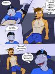 3:4 abs anthro backwards_baseball_cap backwards_hat baseball_cap blue_clothing blue_eyes blue_underwear blush bottomwear boxer_briefs brown_body brown_eyes brown_fur brown_hair bulge canid canine canis clothed clothing comic coyote detailed_background detailed_bulge dialogue embarrassed english_text erection erection_under_clothing feet fish fur furniture fuze grey_body grey_skin hair hat headgear headwear hi_res ian_dela_cruz inside licking male male/male mammal marine mond_reyes open_mouth pants shark shirt simple_background sitting sofa standing teeth texnatsu text toes tongue tongue_out topless topwear underwear