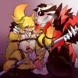anal anthro asian_clothing balls big_balls big_penis blush bodily_fluids bound chinese_clothing clothing cum dominant dominant_male duo east_asian_clothing erection fundoshi genital_fluids genitals humanoid_genitalia humanoid_penis japanese_clothing male male/male male_penetrated male_penetrating male_penetrating_male melee_weapon overweight penetration penis polearm rope sex simple_background slightly_chubby smile smirk staff submissive submissive_male underwear weapon chiro_(artist) fanfan bear giant_panda mammal 1:1 character_request