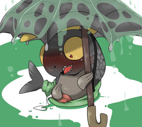 animal_genitalia animal_penis blush bodily_fluids bottomwear bottomwear_down brown_body brown_scales clothed clothing cum cum_on_ground ejaculation fangs feral genital_fluids genitals holding_object holding_penis holding_umbrella looking_at_genitalia looking_at_penis looking_down male masturbation pants pants_down partially_clothed penis raining scales simple_background solo tapering_penis teeth umbrella wet doneru nintendo splatoon aquatic drizzler_(splatoon) fish salmonid_(splatoon) hi_res