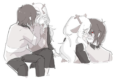 after_kiss ambiguous_gender anthro antlers blush blush_lines duo eyebrow_through_hair eyebrows eyes_closed female hair hand_in_hair horn kissing one_eye_obstructed open_mouth red_eyes simple_background sitting teeth touching_hair translucent translucent_hair msssmanibi deltarune undertale_(series) kris_dreemurr noelle_holiday cervine deer human mammal 2025 hi_res
