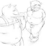 angry anthro balls belly big_belly blush chastity_cage chastity_device collar dominant dominant_male duo forced forced_chastity genitals leash leash_pull lock male male/male moobs navel nipples overweight padlock penis simple_background white_background young young_anthro jackboot_ihi canid canine canis domestic_dog mammal rhinoceros 1:1 2021 monochrome