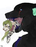 anthro black_body black_fur blue_eyes blue_teeth bodily_fluids drooling duo female fur glistening glistening_eyes green_hair hair in_mouth male open_mouth oral_vore partially_inside pink_tongue pupils red_nose red_tongue saliva saliva_in_hair saliva_on_chin saliva_on_tongue simple_background slit_pupils teeth tongue vore white_background white_body white_fur yellow_eyes roobin felid mammal species_request hi_res signature