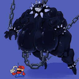 anthro bdsm big_breasts black_body black_eyes bodily_fluids bondage bound bracelet breasts chain chained clothing collar cuff_(restraint) duo extreme_size_difference facial_hair female female_focus handcuffed handcuffs hat headgear headwear huge_breasts hyper hyper_breasts jewelry larger_anthro larger_female male metal_cuffs muscular muscular_anthro muscular_female mustache nipple_chain restraints sharp_teeth size_difference smaller_human smaller_male solo_focus spiked_bracelet spiked_collar spikes sweat sweaty_breasts teeth iljajop mario_bros nintendo gigi_(thecoatl034) mario chain_chomp human mammal hi_res