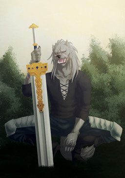 anthro armor blade clothed clothing crouching fangs fingers fur grey_body hair looking_at_viewer male melee_weapon open_clothing open_mouth open_shirt open_topwear purple_eyes scar shirt solo spread_legs spreading sword tail teeth tongue topwear weapon sammaeel elden_ring fromsoftware blaidd_(elden_ring) canid canine canis mammal wolf absurd_res hi_res