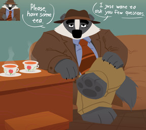 anthro beverage black_nose bottomwear clothing container cup dialogue hat headgear headwear male necktie pants shirt sitting slightly_chubby solo tea text topwear white_body bencomedion beastly_crimes beastly_crimes_(2024) chief_badger badger mammal mustelid musteline 2025 english_text hi_res