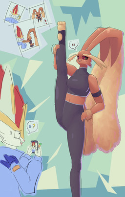 anthro athletic_wear black_clothing blue_clothing brown_body brown_fur clothing crop_top feet female flexible fur jacket male raised_leg shirt soles topwear white_body white_fur yomi_(artist) nintendo pokemon cinderace generation_4_pokemon generation_8_pokemon lagomorph leporid lopunny mammal pokemon_(species) rabbit hi_res
