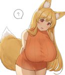 big_breasts blonde_hair blush breasts clothing female hair huge_breasts inner_ear_fluff long_hair looking_at_viewer question_mark red_eyes simple_background smile solo sweater topwear tuft white_background mog_(artist) animal_humanoid canid canid_humanoid canine canine_humanoid fox_humanoid humanoid mammal mammal_humanoid 2020