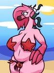 anthro beach beak big_breasts blue_eyes breasts cloud crab_panties duo feathers female feral hair hand_on_hip looking_aside mostly_nude outside pink_body pink_feathers pink_hair sand seaside seaweed seaweed_on_head slightly_chubby solo_focus starfish_(accessory) starfish_bra sun wet wide_hips ikakins rayleigh_(ikakins) arthropod asterozoan avian bird crab crustacean decapoda echinoderm flamingo malacostracan marine starfish 2023 hi_res portrait three-quarter_portrait