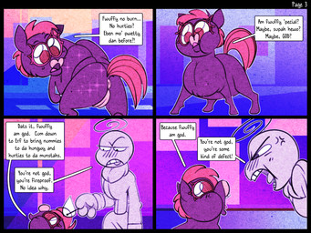 ambiguous_gender ambiguous_humanoid angry anus argument clothed clothed_humanoid clothing excited female female_feral feral fire genitals hair holding_object noise_filter pink_hair pink_tail purple_body red_eyes smile sparkles tail text vulva young young_female young_feral spacefluff fluffy_pony fluffy_pony_(species) humanoid mammal 2022 4:3 comic digital_media_(artwork) english_text hi_res purple_theme
