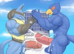 anthro beak big_pecs big_penis blue_body blue_fur blush bodily_fluids building building_penetrated building_sex cum cum_inside double_penetration duo erection excessive_cum excessive_genital_fluids eyes_closed frottage fur genital_fluids genitals humanoid_genitalia humanoid_penis internal macro male male/male male_penetrating muscular muscular_male non_mammal_nipples orgasm pecs penetration penile penis sex spines worship led_owo nintendo pokemon star_fox falco_lombardi avian bird canid canine generation_4_pokemon lucario mammal pokemon_(species) hi_res