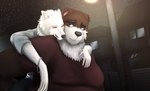 anthro belly big_belly black_nose brown_body brown_fur clothing duo eyes_closed fur hug hugging_another hugging_from_behind humanoid_hands kemono male night outside overweight overweight_male shirt topwear oaks16 bear canid canine canis mammal wolf 2012 hi_res