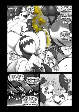 3_fingers 4_arms ahegao antennae_(anatomy) anthro anthro_on_anthro anthro_penetrated anthro_penetrating anthro_penetrating_anthro anus aroused back_wings balls bed big_balls big_breasts big_butt big_penis blush blush_lines breasts butt claws condom creaking_bed dialogue duo fart fart_cloud fart_fetish farting_female female female_farting finger_claws fingers furniture genitals looking_pleasured male male/female mandibles multi_arm multi_limb nude nude_anthro nude_female nude_male overweight pawpads penetration penis plap plap_(sound) profanity puffy_anus sex sexual_barrier_device sniffing speech_bubble stinger stinger_tail tail text vaginal vaginal_penetration vulva wearing_condom wings soomir heather_(soomir) hectar_(soomir) arthropod bee hymenopteran insect queen_bee absurd_res black_and_white comic english_text hi_res monochrome