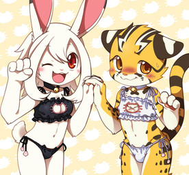anthro biped black_stripes blush bra breasts bulge cat_ear_panties cat_keyhole_bra cat_lingerie claws cleavage_cutout clothed clothing countershading crossdressing cutout duo ears_down female femboy fist front_view fur hair hand_holding kemono keyhole_bra keyhole_clothing keyhole_underwear lingerie long_ears looking_at_viewer male male/female markings multicolored_body multicolored_fur navel one_eye_closed open_mouth open_smile orange_eyes panties pattern_background pawpads pink_nose pivoted_ears pose red_eyes short_tail shota side-tie_panties simple_background small_breasts smile snout standing striped_body striped_fur striped_markings striped_tail stripes tail tail_markings underwear white_body white_countershading white_fur white_hair white_stripes wink yellow_body yellow_fur young young_anthro unrealplace raier_(unrealplace) wusagi_(unrealplace) felid feline lagomorph leopard_cat leporid mammal prionailurus rabbit 2017 digital_media_(artwork) shaded