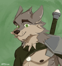 anthro armor cape clothing green_cape green_clothing green_eyes jewelry male melee_weapon moon_pendant necklace pauldron solo sword sword_on_back text weapon weapon_on_back psinus far_beyond_the_world_(series) ranok_(far_beyond_the_world) canid canine canis mammal wolf absurd_res artist_name hi_res